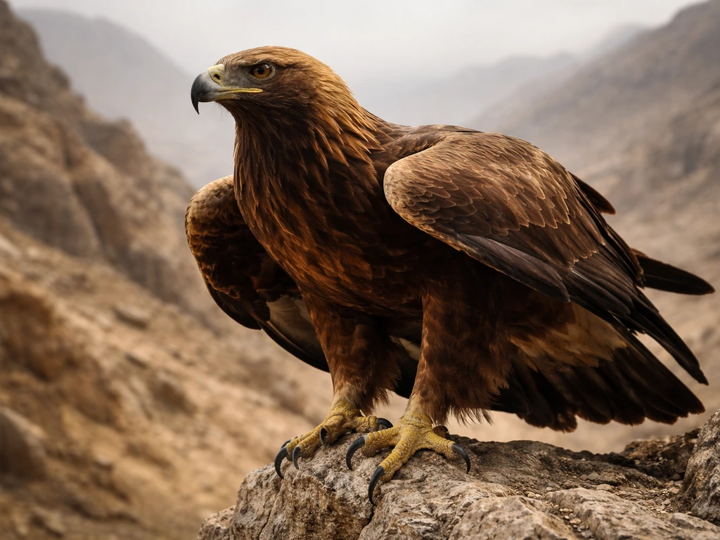 Close-up of a golden eagle perched on a rocky ledge with rugged mountains behind it.