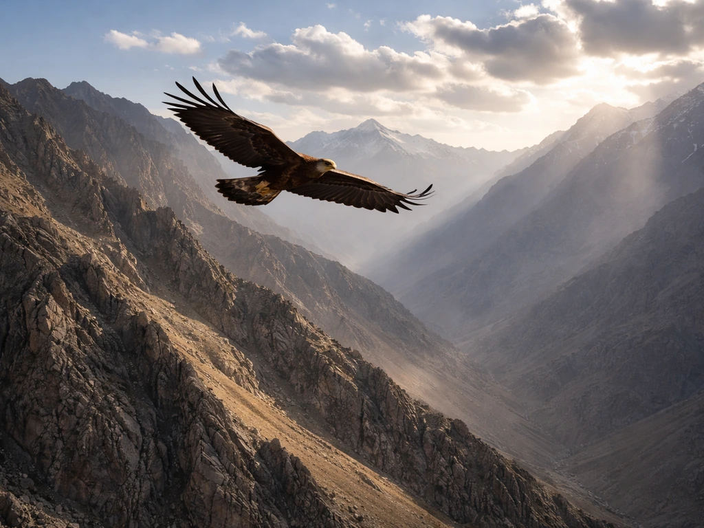Golden eagle soaring above steep mountain ridgelines with hazy peaks in natural light.