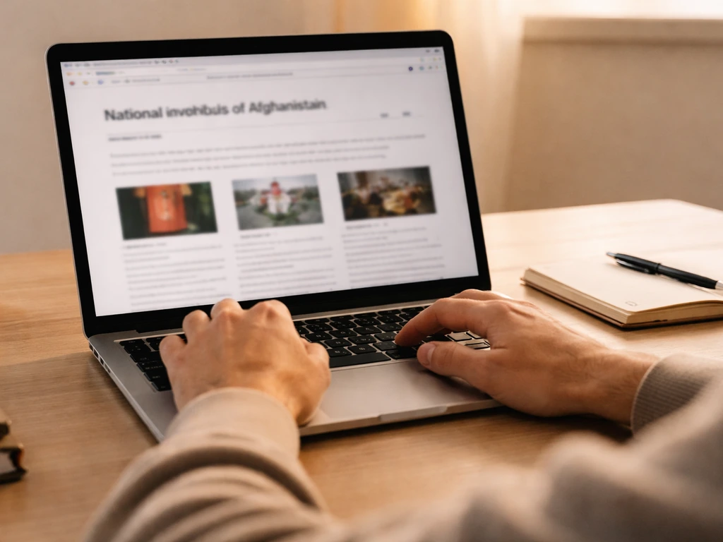 Person at a desk using a laptop to research Afghanistan national symbols and compare the national bird entry.