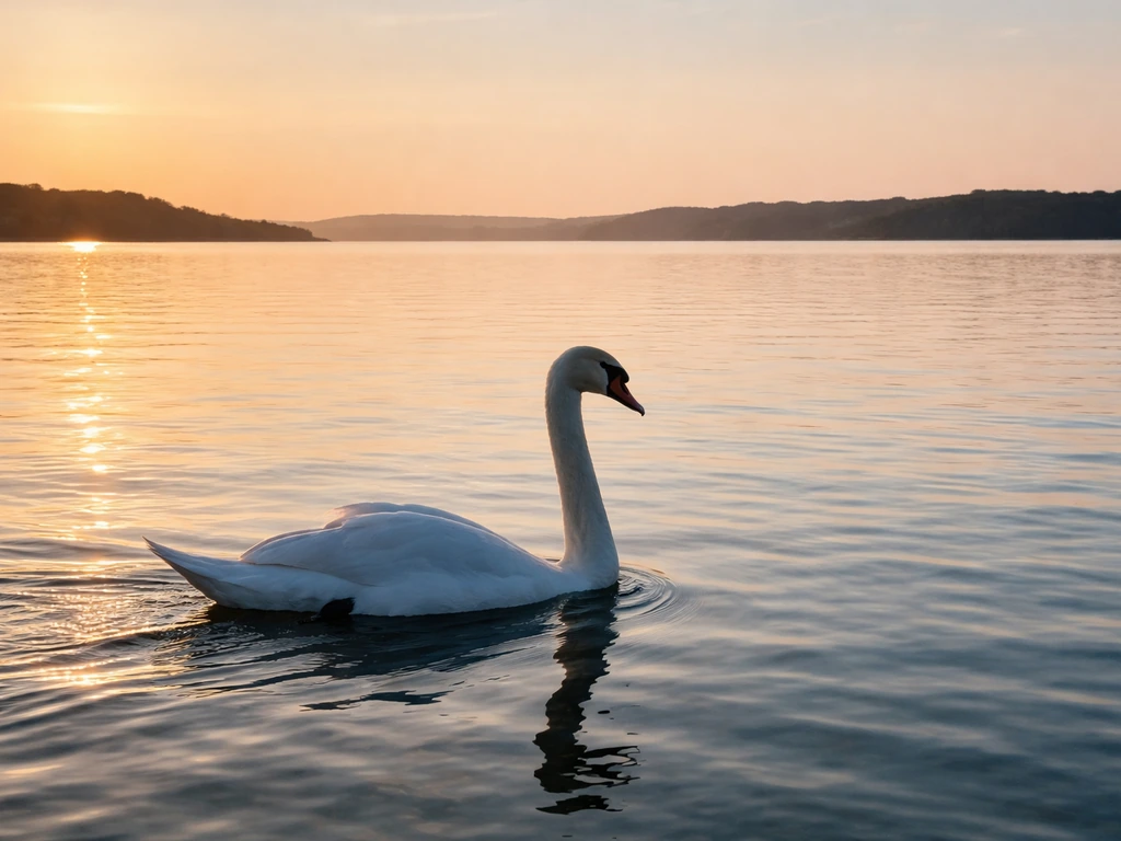 Mute swan gliding on a calm Danish fjord at golden coastal light, with soft shoreline in the distance.