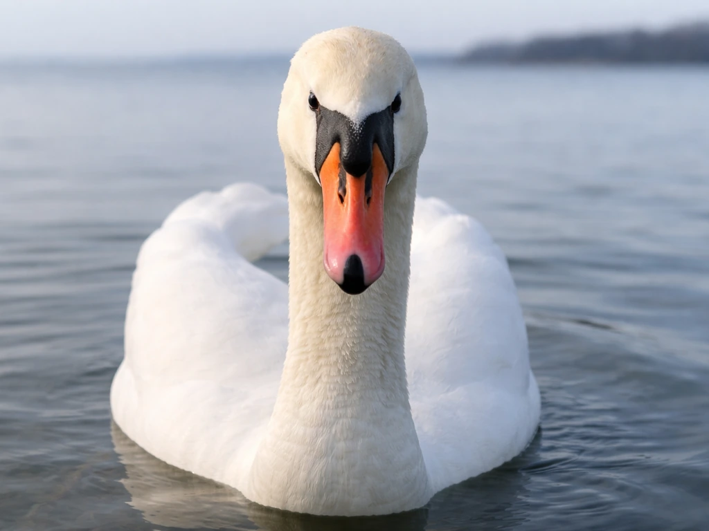 Mute swan gliding on calm water, close-up showing white plumage and orange-red bill