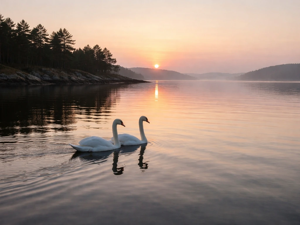 Mute swans gliding on calm water near a Danish fjord with soft morning light and pine-lined shore.