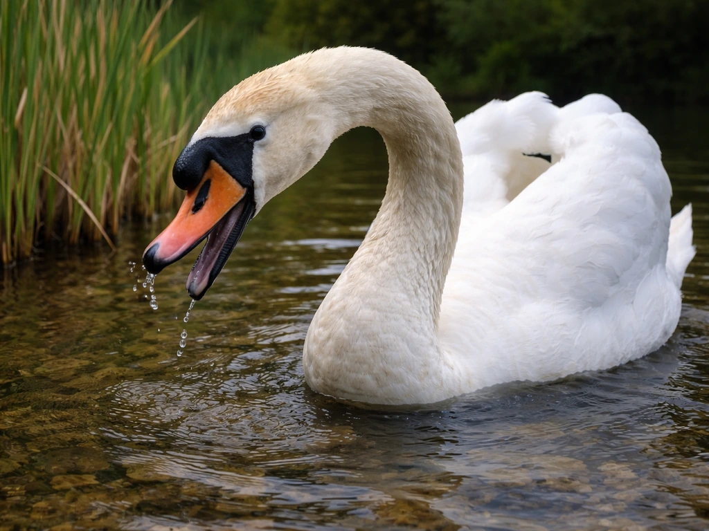 Mute swan head-bobbing in shallow water near reeds, mouth slightly open as if hissing