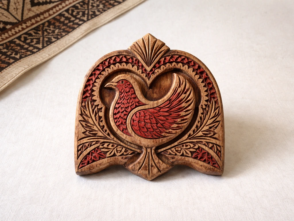 Close-up of a traditional Samoan carved wooden motif with a stylized red bird design.
