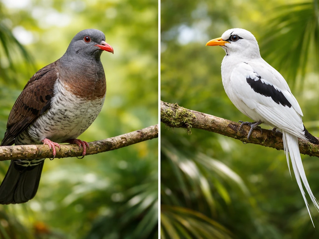 Tooth-billed pigeon and another national bird perched side-by-side on tropical branches in natural light.