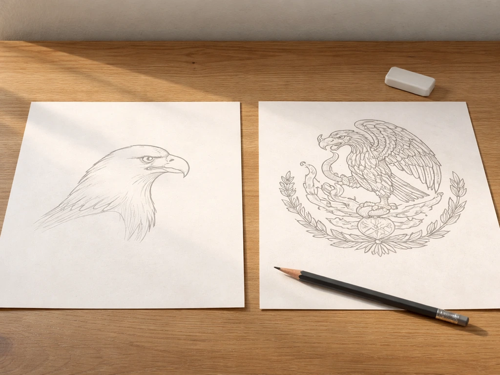 Split-focus desk scene showing a bird outline versus a full emblem-like layout on plain paper