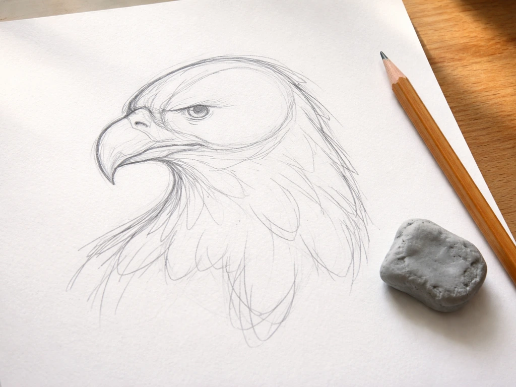 Overhead view of a simple pencil sketch of an eagle in left profile with hooked beak and feather masses.