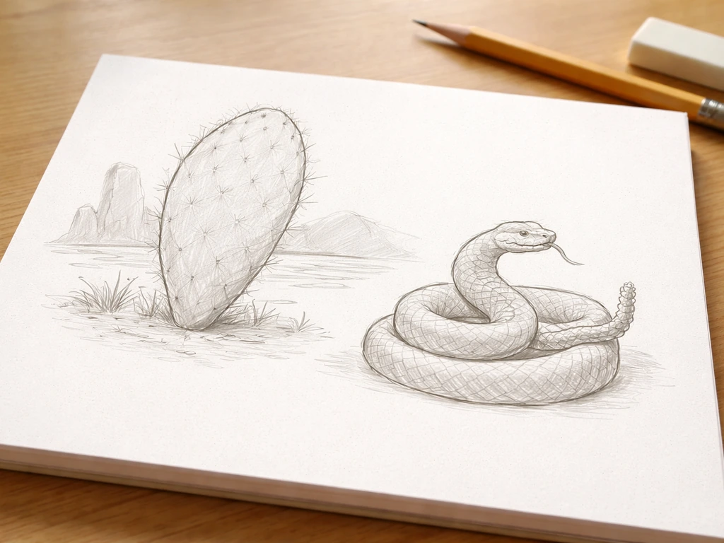 Minimal paper sketch of a thick cactus paddle and a coiled rattlesnake beside it.
