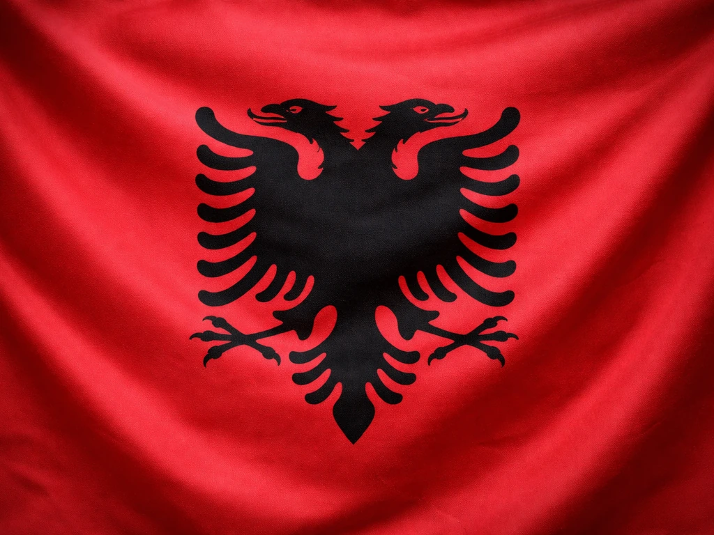 Close-up of a flag showing a double-headed eagle at the center of the fabric.
