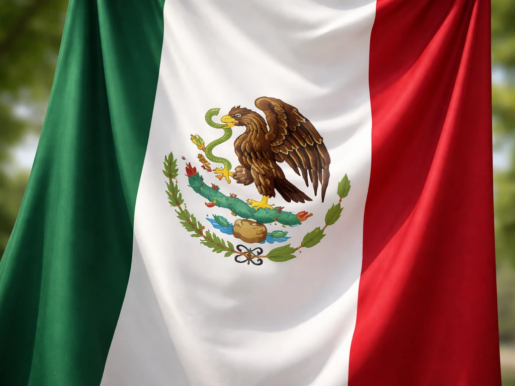Close-up of Mexico’s flag hanging, showing the eagle-on-cactus coat of arms centered on the white stripe