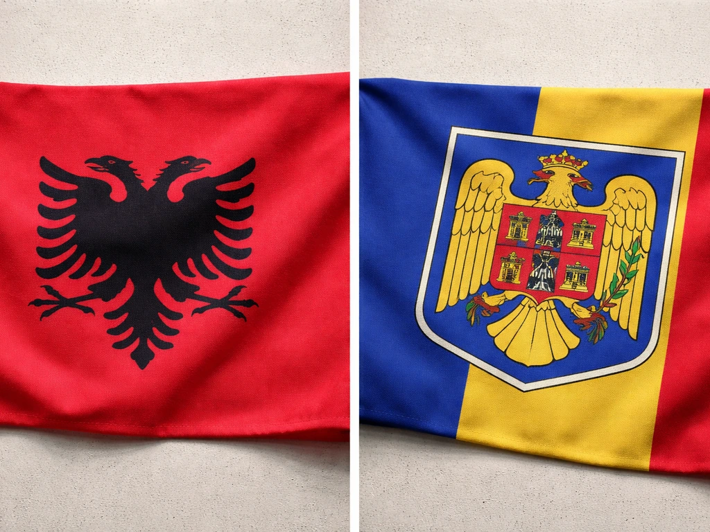 Two flag fabric crops side-by-side, contrasting a standalone eagle versus a bird inside a coat-of-arms crest.