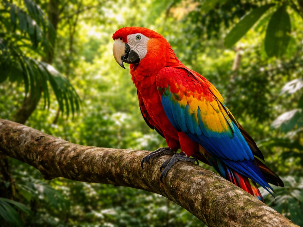 Scarlet macaw perched among lush tropical rainforest leaves in warm Honduran-style light.