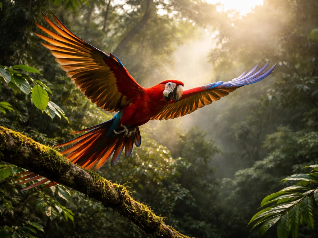 Scarlet macaw taking flight above lush Honduran rainforest canopy in warm natural light.