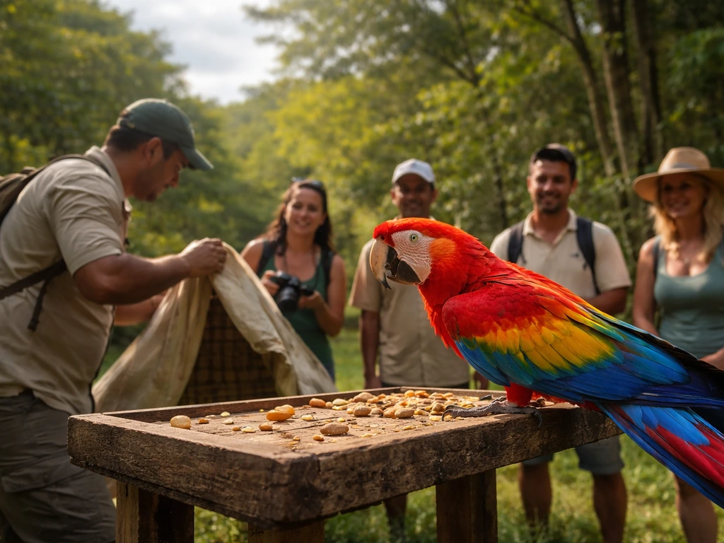 Scarlet macaw on a wooden release platform at an outdoor Honduras bird celebration, green trees behind.
