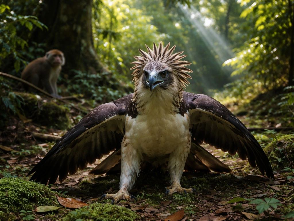 Philippine eagle in a rainforest clearing with a small monkey in the background, suggesting its old nickname.