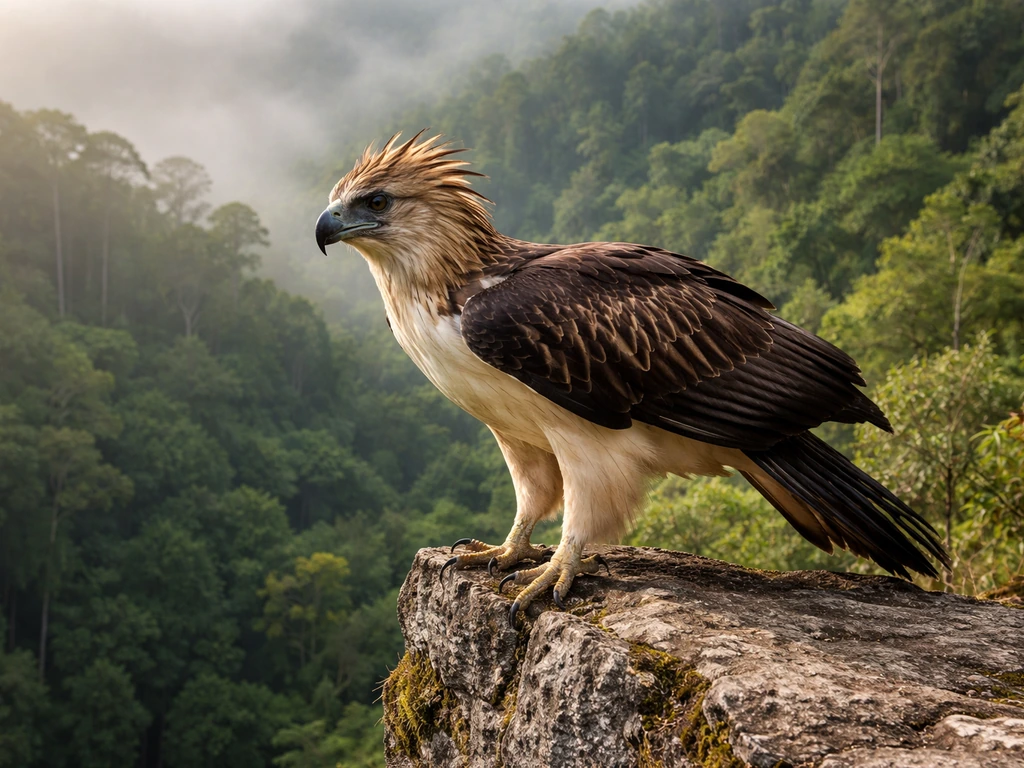 Philippine eagle perched on a cliff overlooking a tropical forest, symbolizing strength and freedom