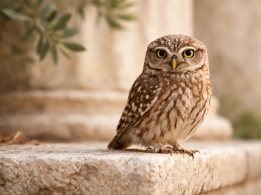 Little Owl perched on pale Greek stone with blurred olive branches in warm Mediterranean light.
