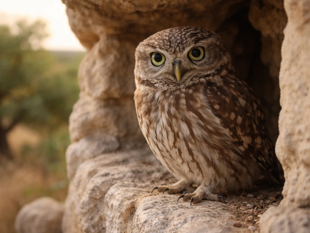 A little owl perched in a rocky crevice in Greece’s countryside, detailed close-up in natural light.