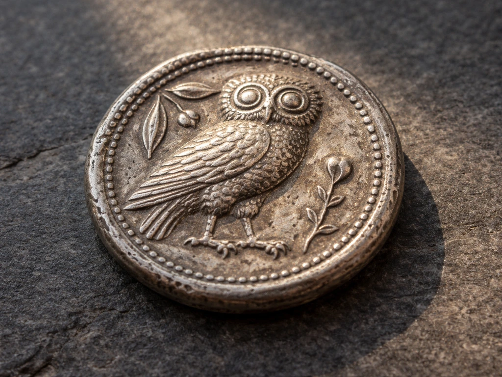 Close-up of a Greek tetradrachm coin with an owl emblem, softly lit on a dark stone surface