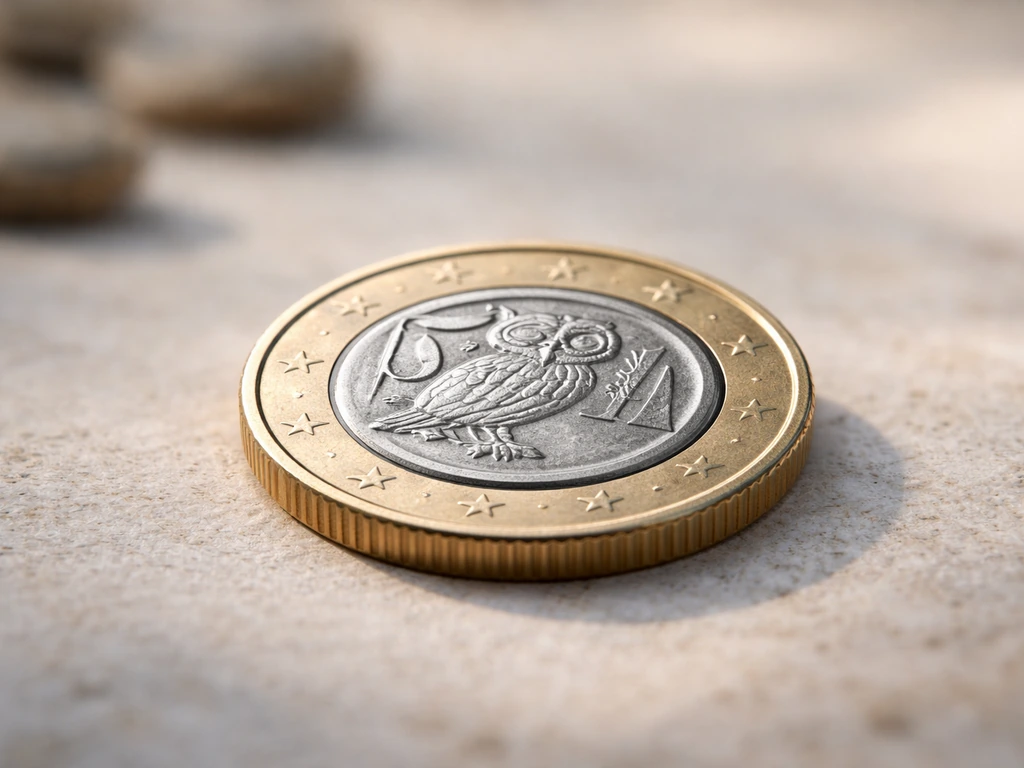 Close-up of a Greek 1-euro coin on a light stone surface showing the owl side.