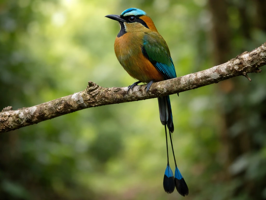 Close-up of a Guardabarranco perched on a branch, showing its long central tail feathers.