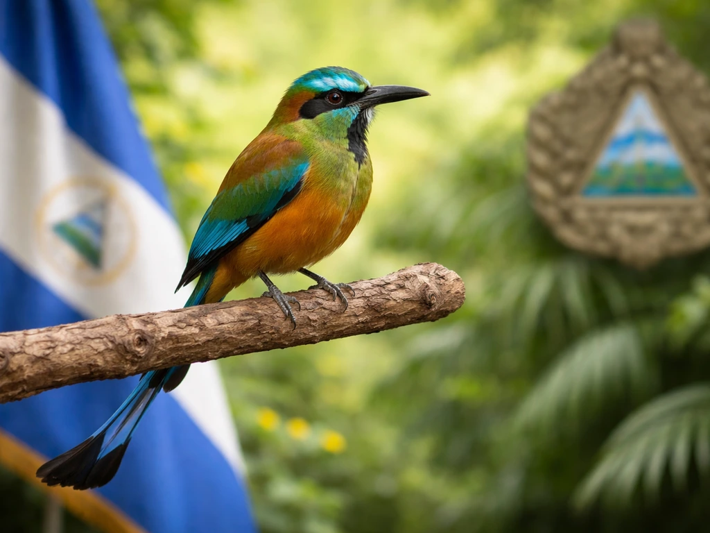 Guardabarranco perched near Nicaragua-flag-colored fabric and a crest-like emblem, symbolizing a national icon.