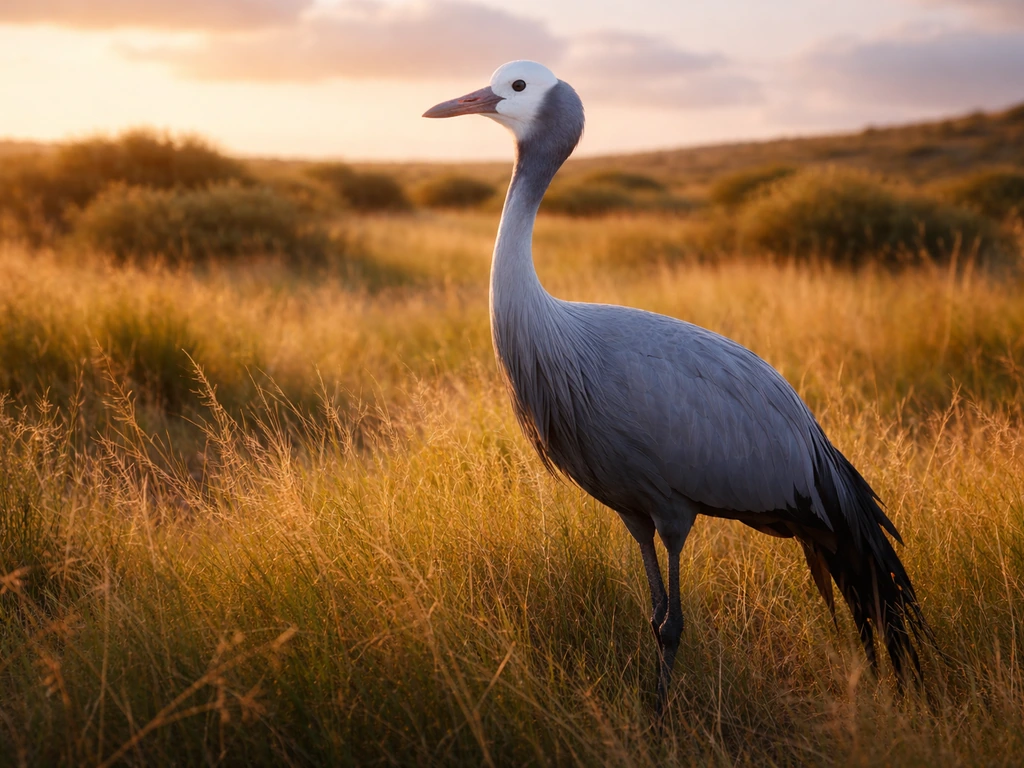 Blue crane standing in South African veld at golden hour, dramatic sky signaling national-bird symbolism.