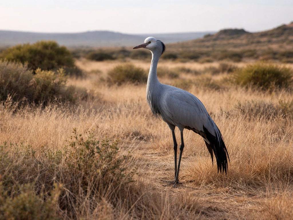 A blue crane standing in South African veld grass near low shrubs under soft daylight.