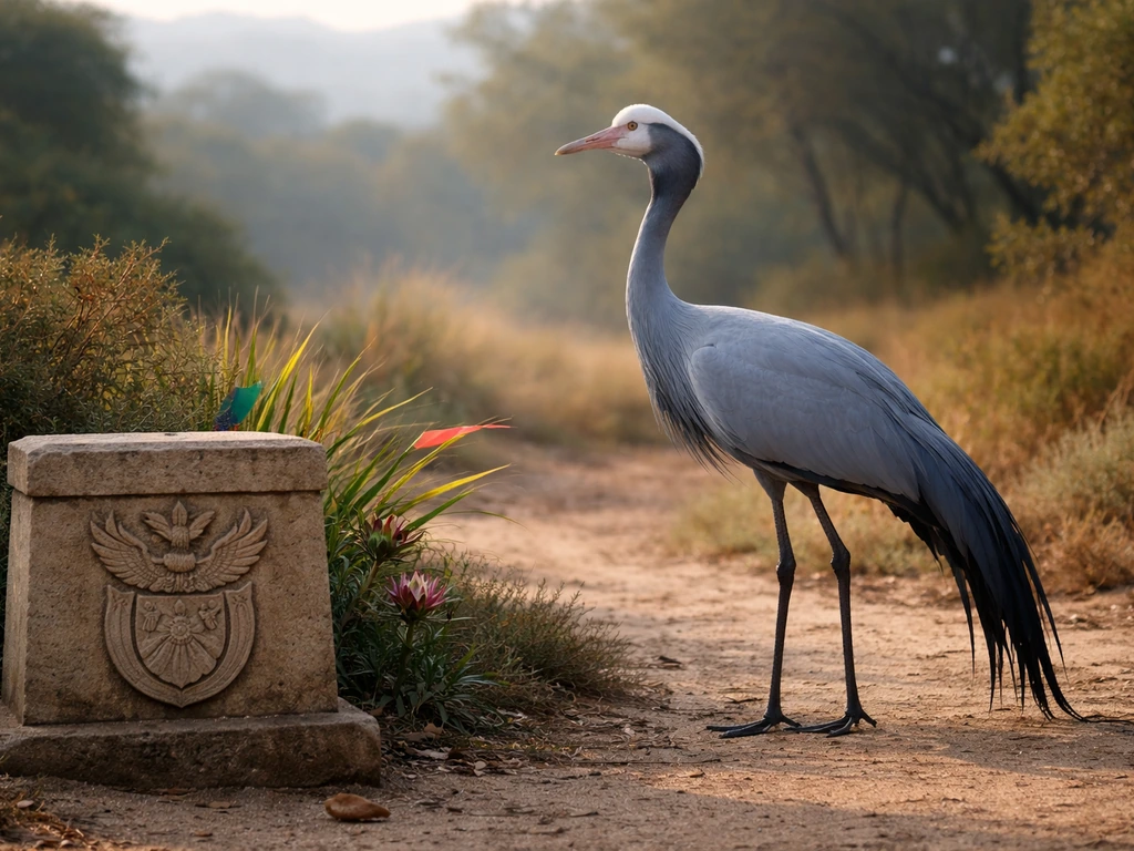 Blue crane beside South African national symbol iconography, evoking official national designation