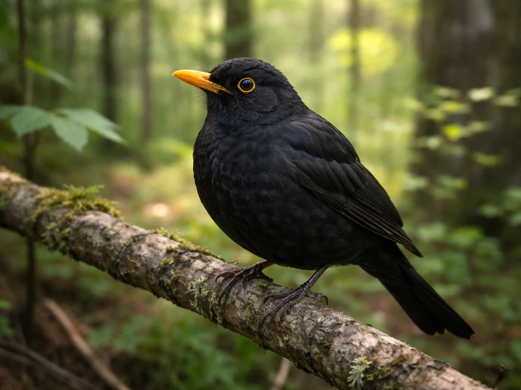 Eurasian blackbird in Sweden perched in a natural woodland setting with detailed feathers