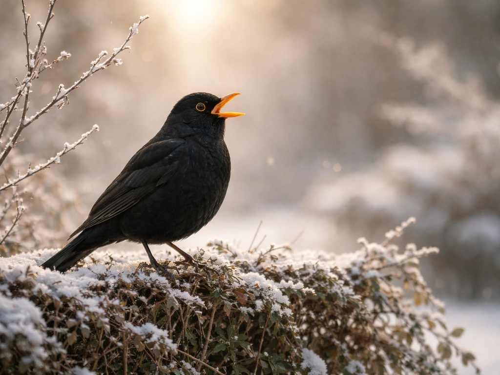 Eurasian blackbird perched on a snow-dusted hedge branch, leafless winter scene with soft light.
