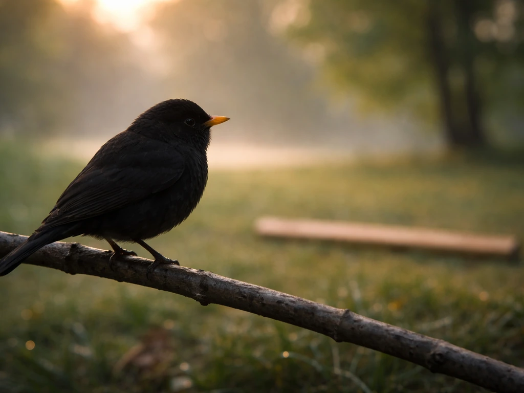 Black songbird perched on a branch with close bill/feather detail and subtle size reference nearby.