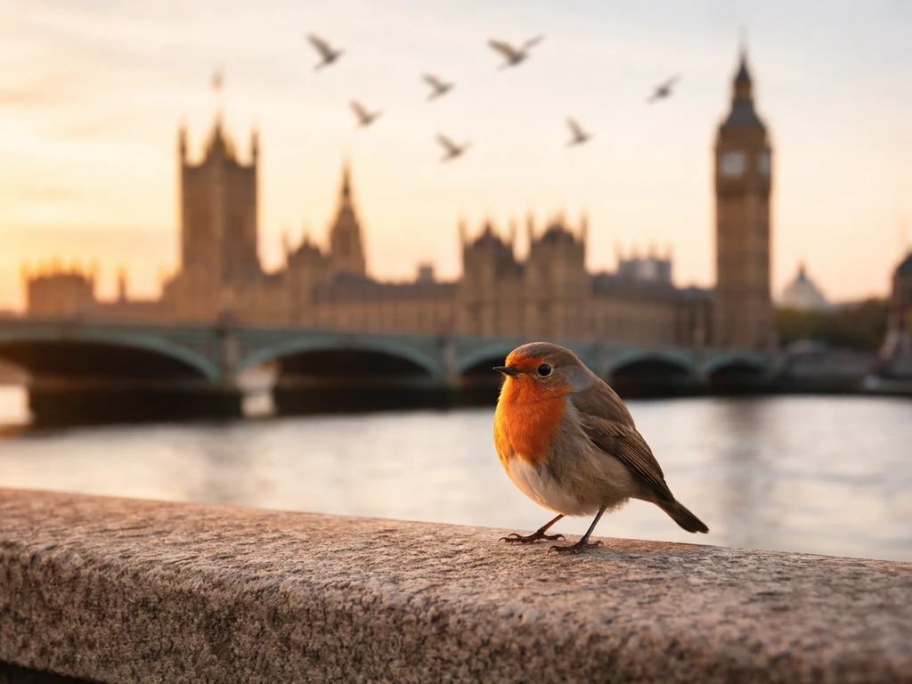 London skyline with small bird silhouettes and a robin, symbolizing no official national bird