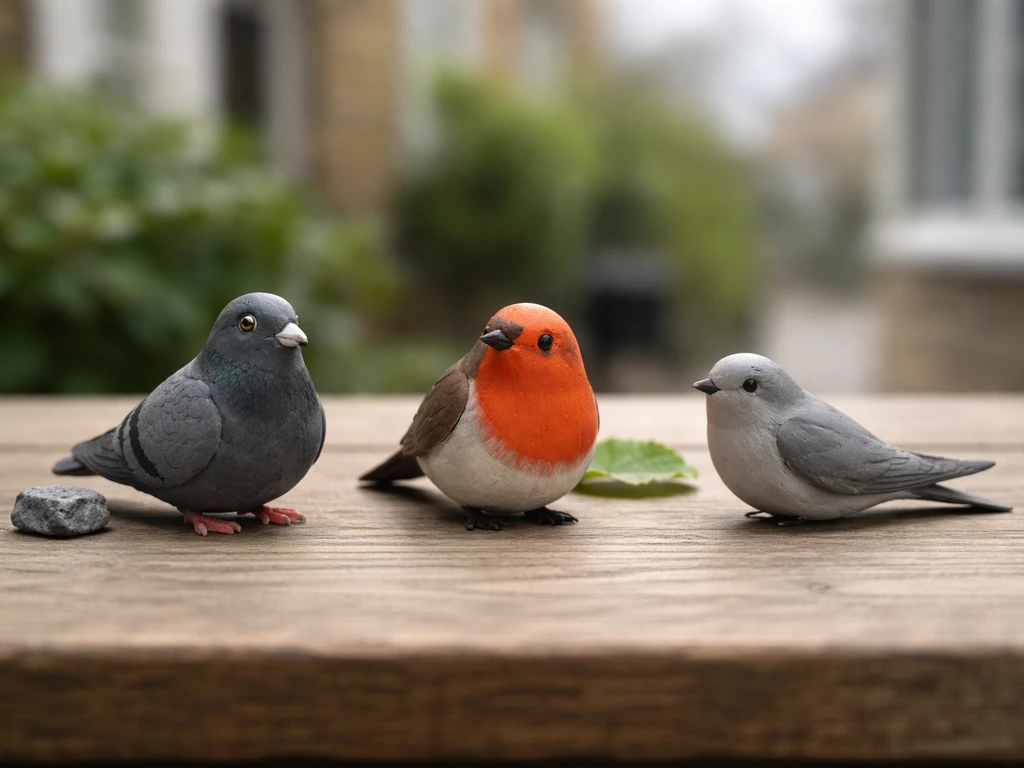 Three small bird figurines on a wooden table symbolizing London’s city and Britain-linked birds.