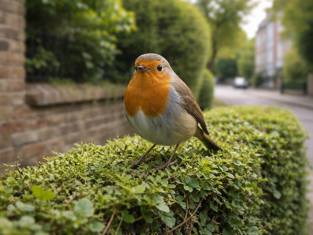 European robin perched on a garden hedge with a softly blurred London street in the background.