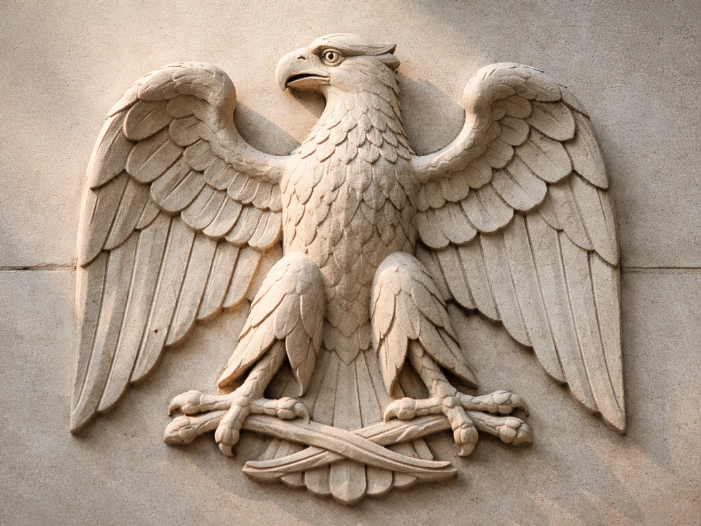 Close-up relief carving of a left-facing eagle emblem with wings slightly spread on pale stone.