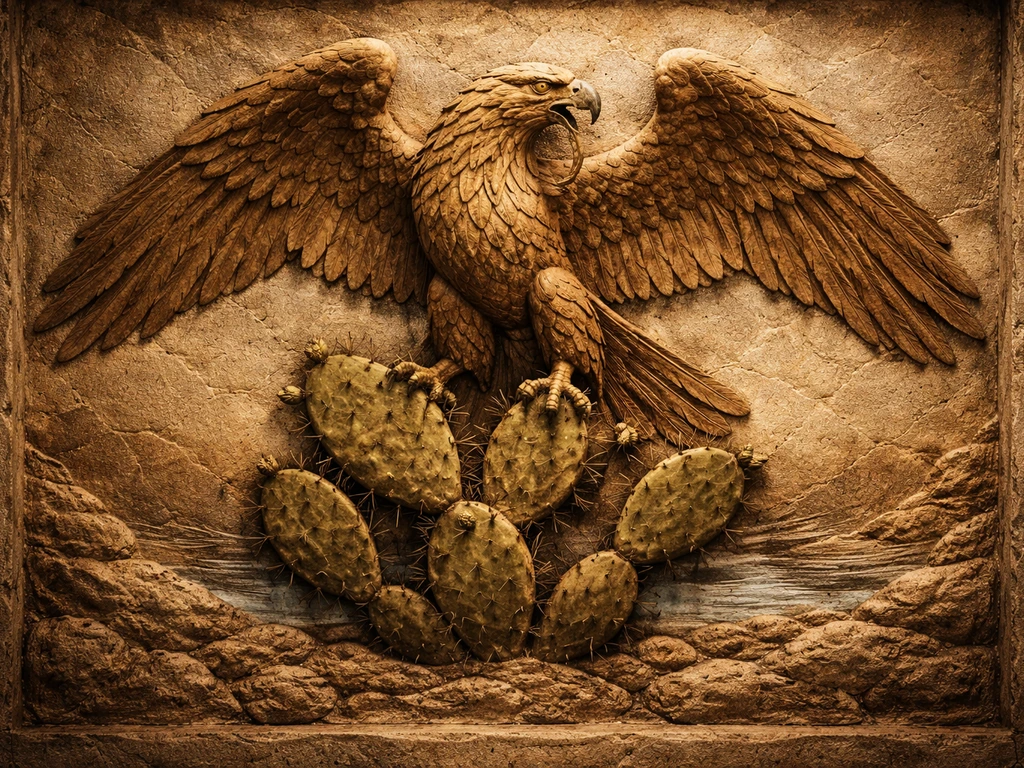 Weathered stone relief of an eagle perched on a nopal cactus, echoing Tenochtitlan’s founding myth.