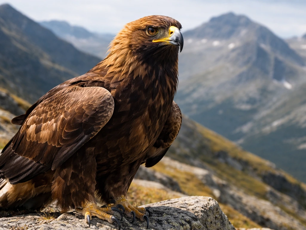 Golden eagle perched on a rocky ledge in a mountainous landscape, feathers detailed in natural light