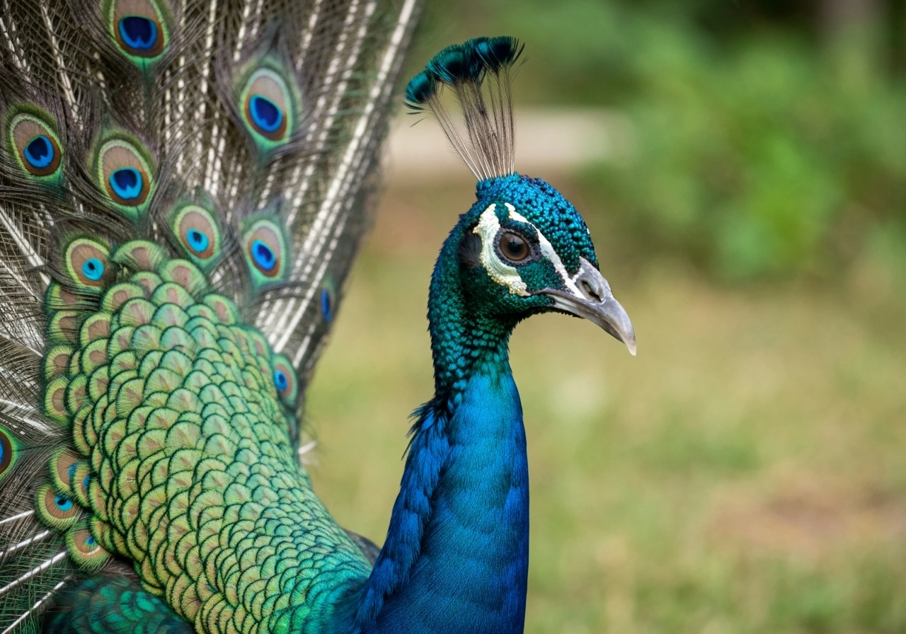 Close-up of an Indian peafowl showing its crest and white eye patch with iridescent feathers.