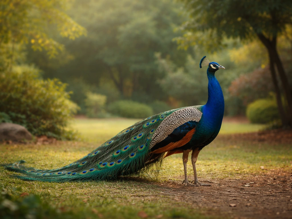 Indian peafowl with soft blur background and clean space for Hindi callout style elements.