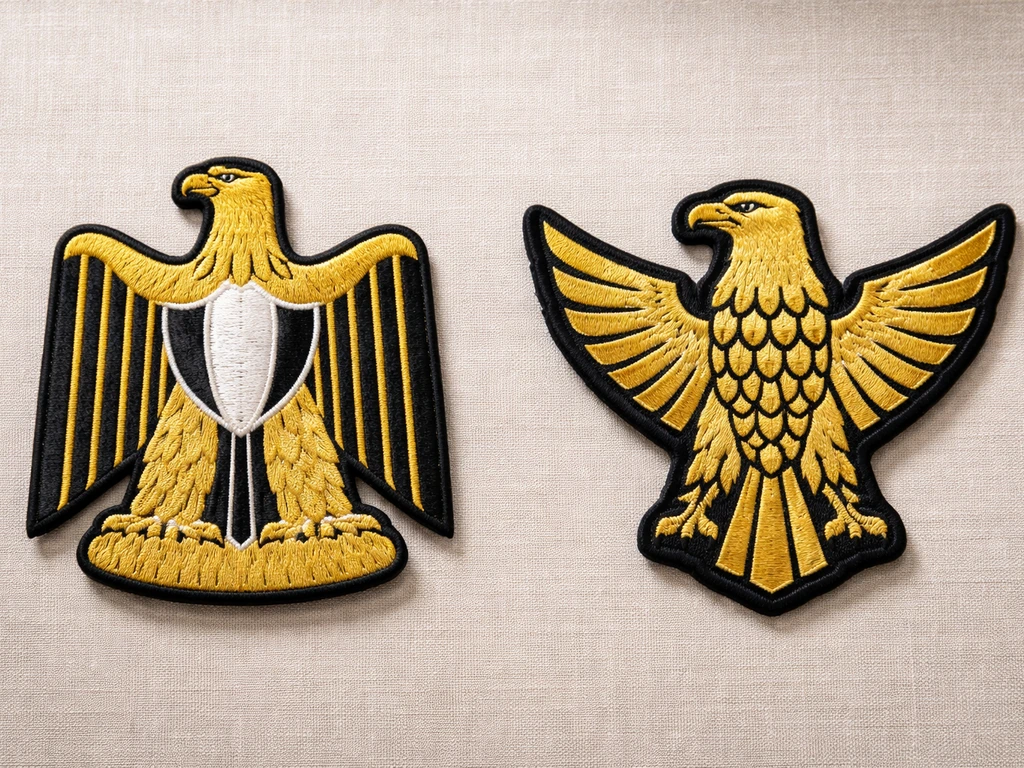 Side-by-side comparison of two embroidered eagle/hawk silhouettes on a neutral tabletop.