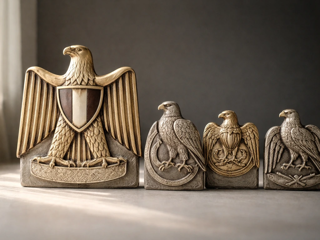 A minimal photo-style collage of neighboring emblem birds with Egypt’s Eagle of Saladin highlighted.