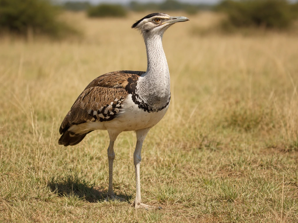 Kori bustard standing on African savanna grass, showing mottled plumage and long legs in clear view.