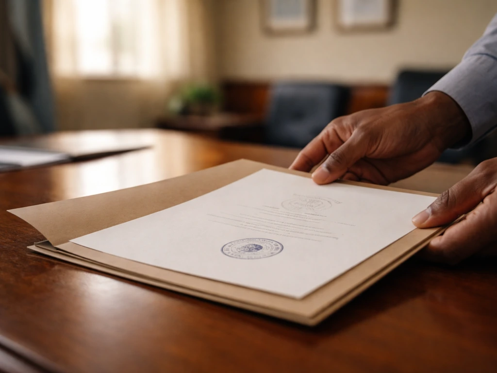 Hands holding a stamped document folder in a calm Botswana government office setting