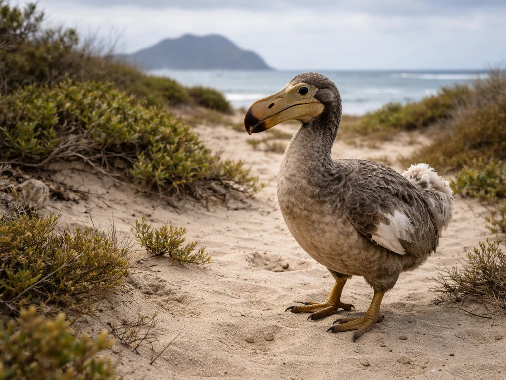 An extinct dodo standing on a Mauritius-style coastal path with tropical coastal plants and shoreline in the distance