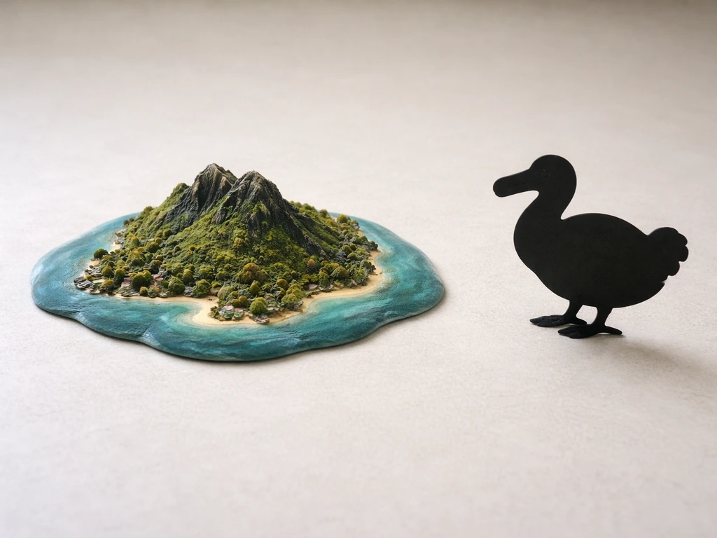 Small Mauritius model on a tabletop with a nearby dodo-like silhouette showing one-island range.