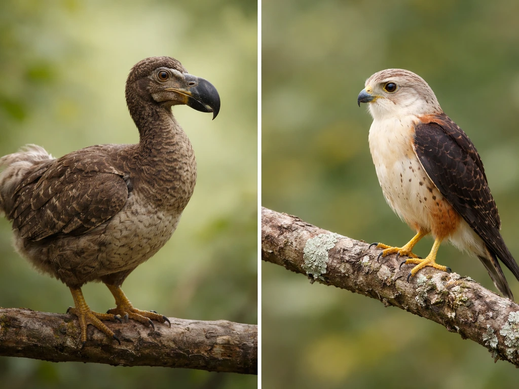 Two distinct bird silhouettes side by side representing a dodo and a Mauritius kestrel, simple natural background.