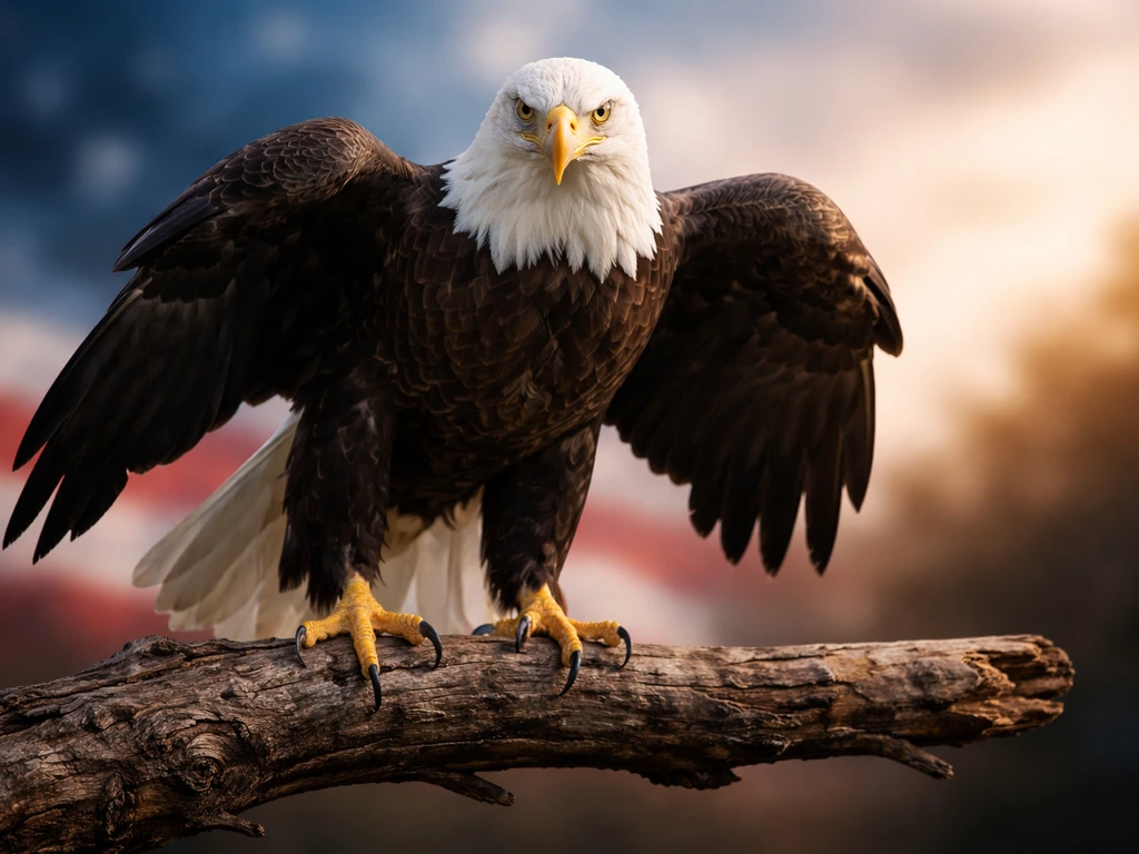 Realistic bald eagle perched on a branch with softly blurred American-themed colors in the background.