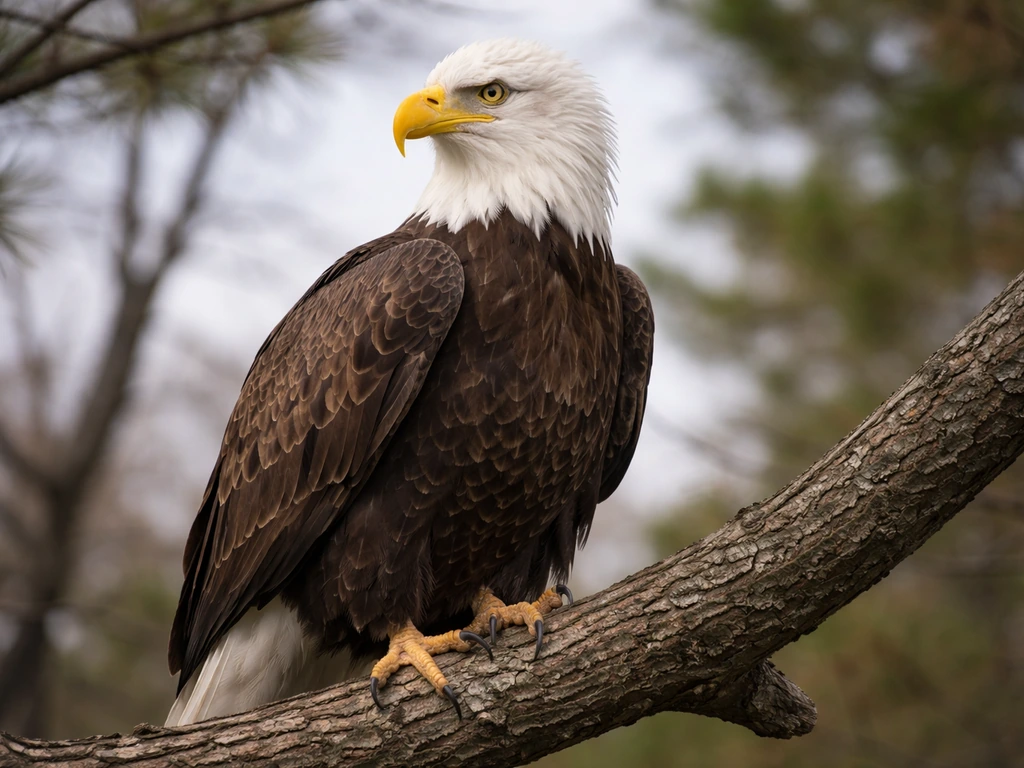Close-up of a bald eagle perched on a tree branch in the wild, sharp and detailed feathers.