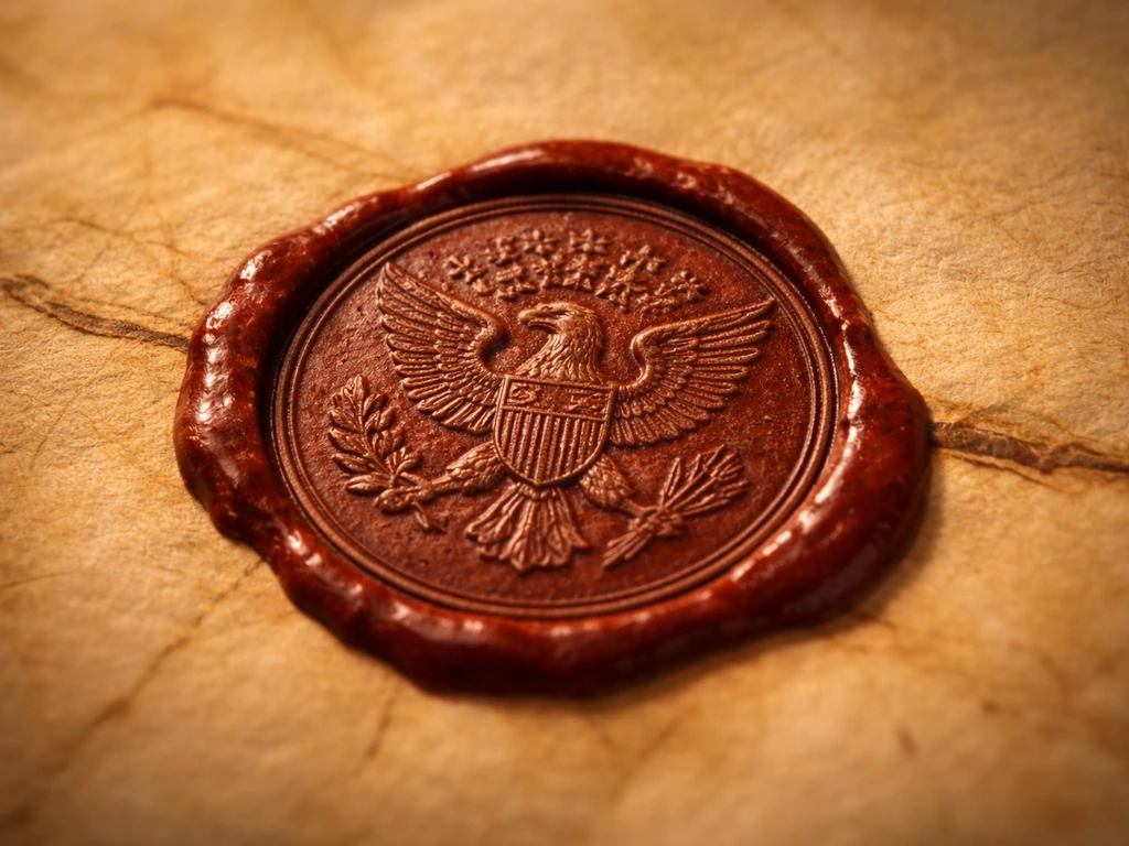 Close-up of an 1782-style Great Seal impression featuring a bald eagle on parchment